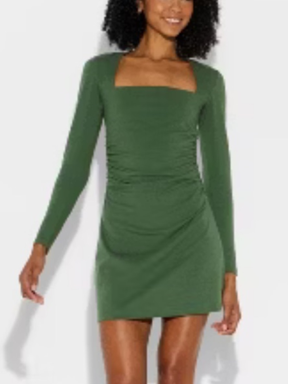 wild fable Olive Green Square Neck Ruched Long Sleeve Mini Dress k